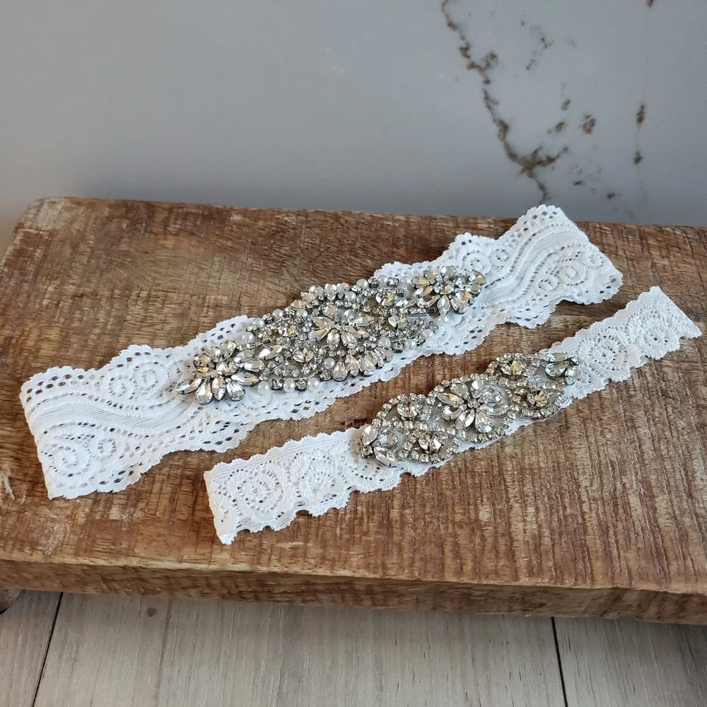 Bridal Garter Set White Rhinestone Crystal Lace Wedding 2 Piece Set Prom - Picture 1 of 5